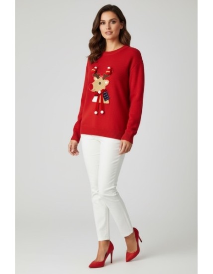 Pull de Noël Femme Rouge – Motif Renne Brodé 3D avec Pompons