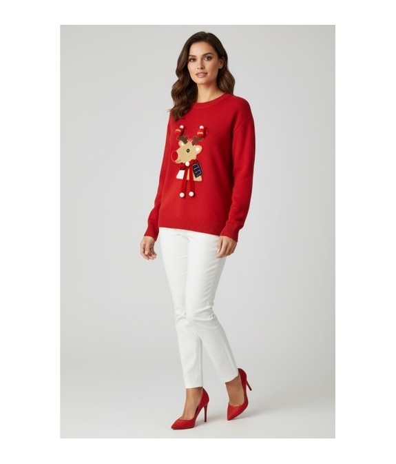 Pull de Noël Femme Rouge – Motif Renne Brodé 3D avec Pompons