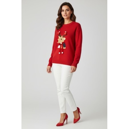 Pull de Noël Femme Rouge – Renne Brodé 3D avec Pompons Festifs