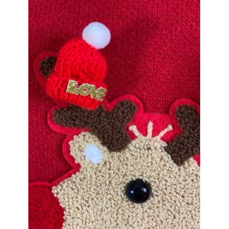 Pull de Noël Femme Rouge – Renne Brodé 3D avec Pompons Festifs