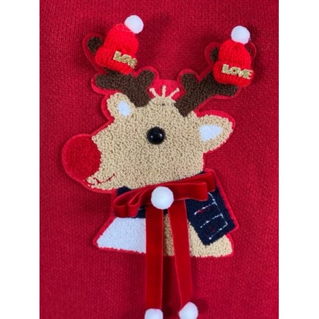 Pull de Noël Femme Rouge – Renne Brodé 3D avec Pompons Festifs