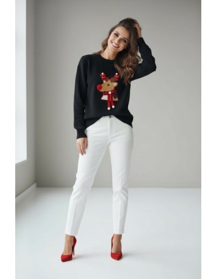 Pull de Noël Femme Noir | Motif Renne Brodé 3D – Idéal Fêtes