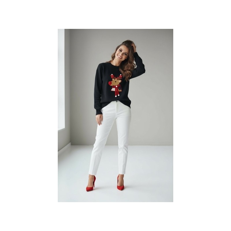 Pull de Noël Femme Noir – Motif Renne Brodé 3D avec Pompons Pull de Noël Femme Noir – Motif Renne Brodé 3D avec Pompons