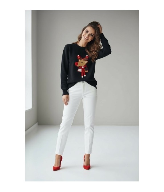 Pull de Noël Femme Noir | Motif Renne Brodé 3D – Idéal Fêtes
