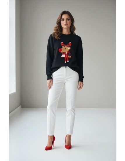 Pull de Noël Femme Noir – Motif Renne Brodé 3D avec Pompons