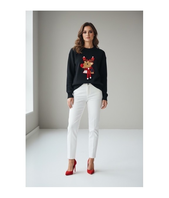 Pull de Noël Femme Noir – Motif Renne Brodé 3D avec Pompons