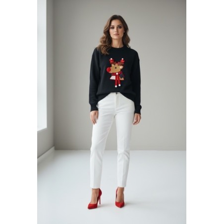 Pull de Noël Femme Noir | Motif Renne Brodé 3D – Idéal Fêtes
