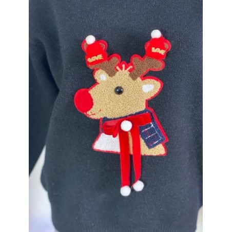 Pull de Noël Femme Noir | Motif Renne Brodé 3D – Idéal Fêtes