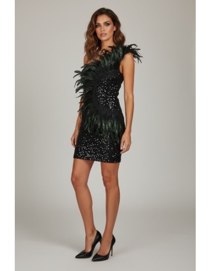 Robe courte à sequins avec véritables plumes naturelles. Modèle glamour et luxueux, idéal pour soirée chic, cocktail, gala ou év