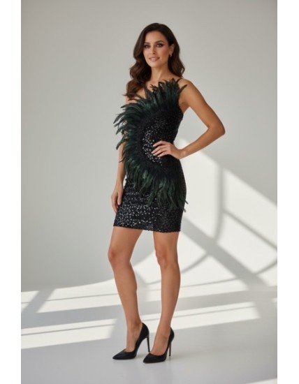 Robe courte à sequins avec véritables plumes