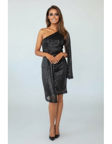 Robe cocktail noire asymétrique à sequins – Robe de soirée chic femme