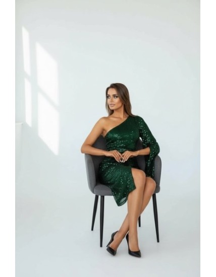 Robe de soirée vert sapin asymétrique à sequins – Robe cocktail élégante femme