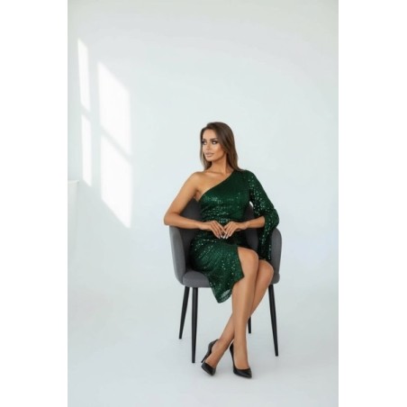 Robe de soirée vert sapin asymétrique à sequins – Robe cocktail élégante femme
