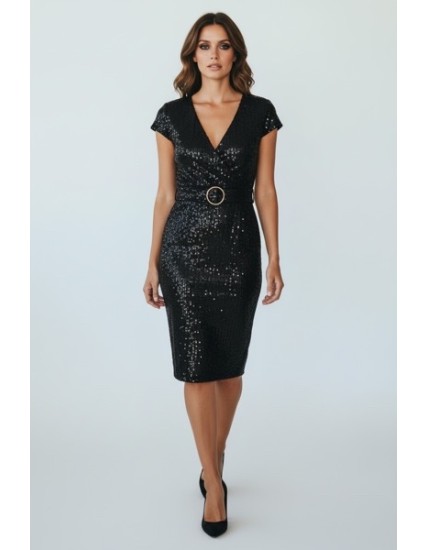Robe noire à sequins femme – Robe de soirée élégante coupe portefeuille