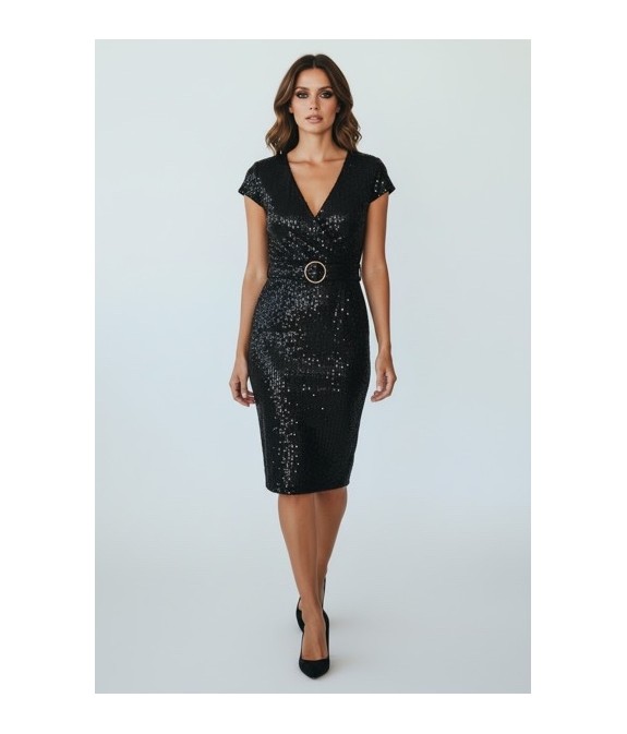 Robe noire à sequins femme – Robe de soirée élégante coupe portefeuille