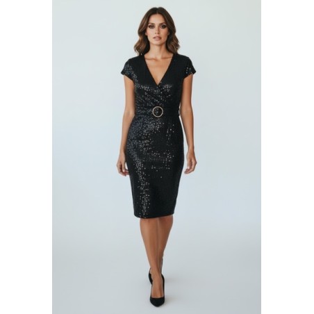 Robe noire à sequins femme – Robe de soirée élégante coupe portefeuille