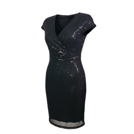 Robe noire à sequins femme – Robe de soirée élégante coupe portefeuille