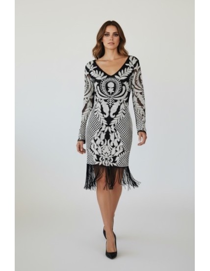 Robe femme mi-longue noire et blanche à motif graphique chic