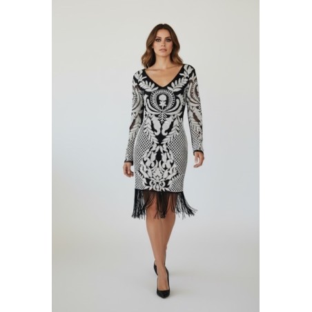 Robe femme mi-longue noire et blanche à motif graphique chic