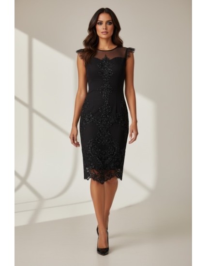 Robe noire en dentelle brodée – Robe fourreau chic et élégante