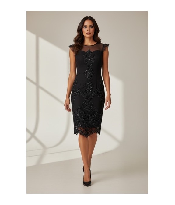 Robe noire en dentelle brodée – Robe fourreau chic et élégante