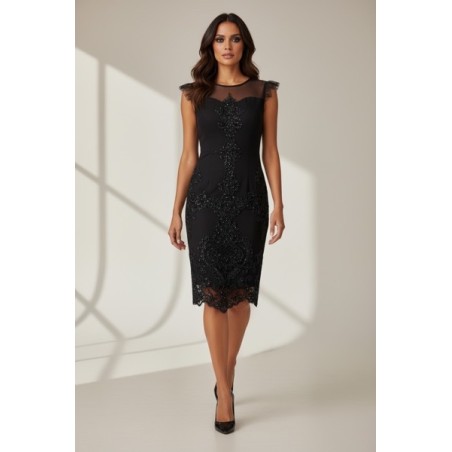 Robe noire en dentelle brodée – Robe fourreau chic et élégante