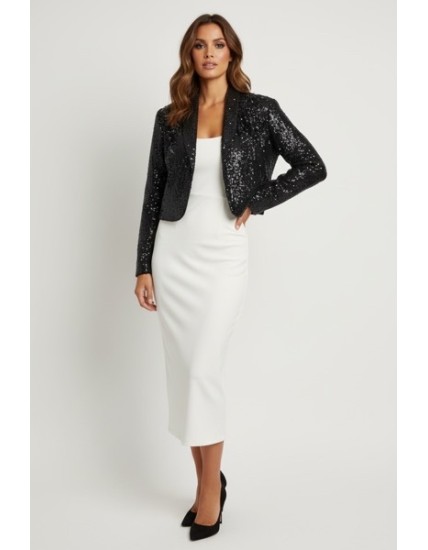 Veste noire à sequins avec fleur décorative à l’épaule – Élégante & chic