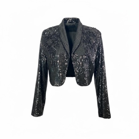 Veste noire à sequins avec fleur décorative à l’épaule – Élégante & chic
