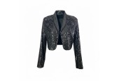 Veste à sequins noire avec fleur décorative à l’épaule Veste à sequins noire avec fleur décorative à l’épaule