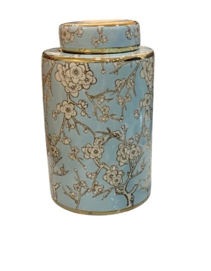 Vase décoratif bleu et doré au motif floral – Élégance et raffinement