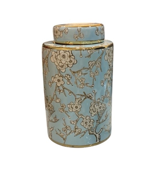 Vase décoratif bleu et doré au motif floral – Élégance et raffinement