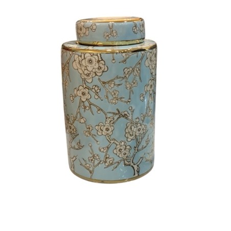 Vase décoratif bleu et doré à motifs floraux | Élégance chic