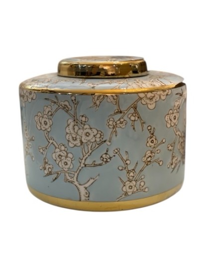 Vase décoratif en céramique bleu et or – Motif floral raffiné