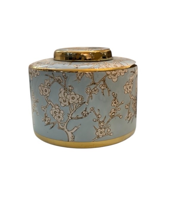 Vase décoratif en céramique bleu et or – Motif floral raffiné