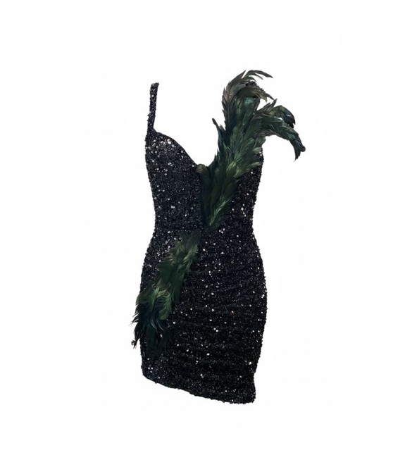 Robe de soirée asymétrique noire à sequins avec détail plumes