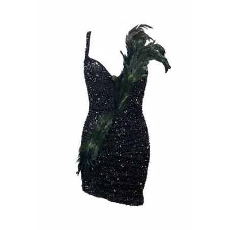 Robe de soirée noire à sequins asymétrique avec plumes – Robe cocktail glamour