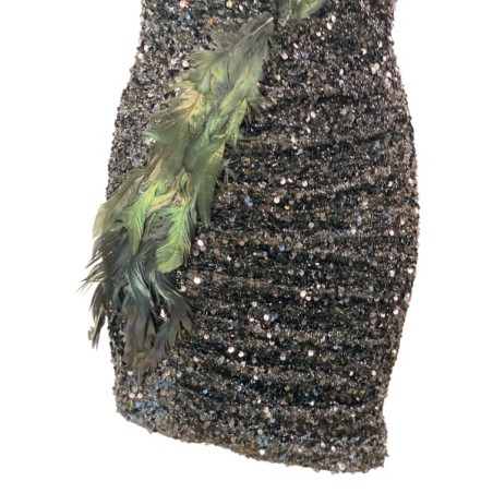 Robe de soirée noire à sequins asymétrique avec plumes – Robe cocktail glamour