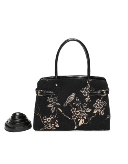 Sac à main femme noir à motif branche et oiseau brodées en doré
