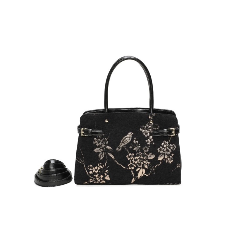 Sac à main femme noir à motif branche et oiseau brodées en doré Sac à main femme noir à motif branche et oiseau brodées en doré