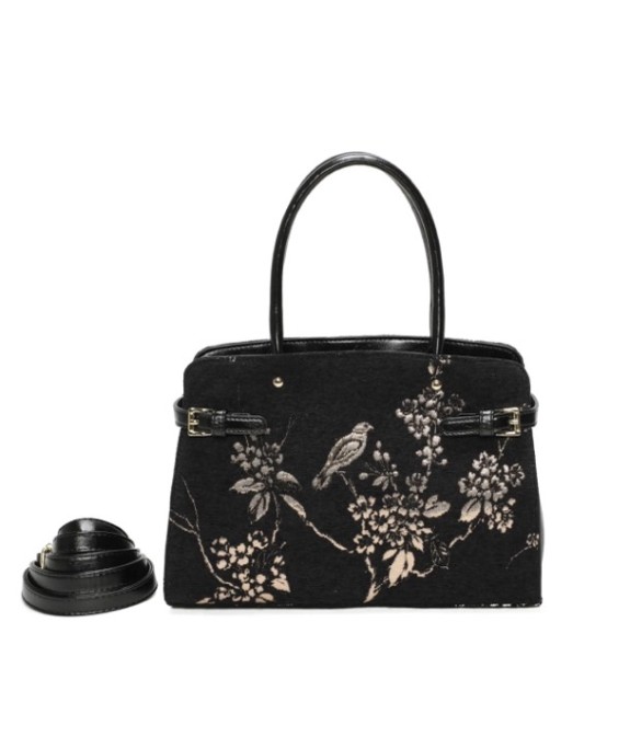 Sac à main femme noir à motif branche et oiseau brodées en doré