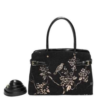 Sac à main femme noir à motif branche et oiseau brodées en doré
