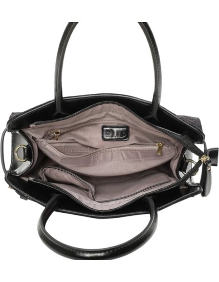 Sac à main femme noir à motif branche et oiseau brodées en doré