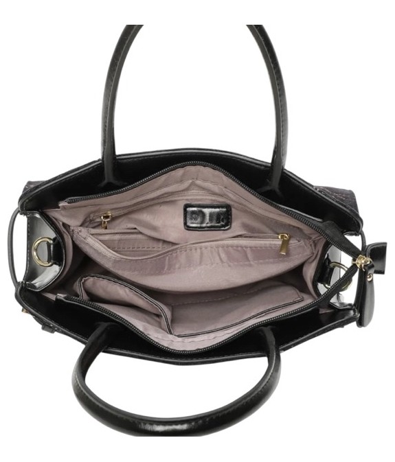 Sac à main femme noir à motif branche et oiseau brodées en doré