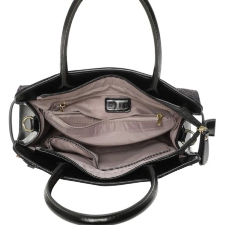 Sac à main femme noir à motif branche et oiseau brodées en doré