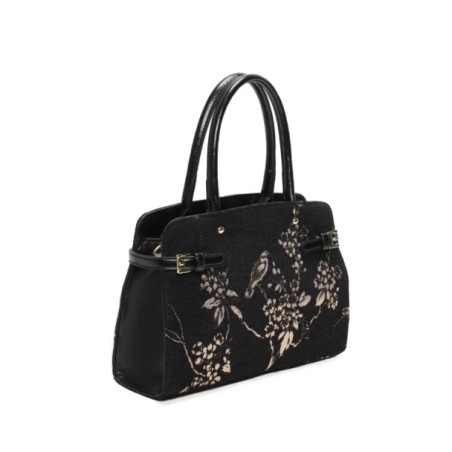 Sac à main femme noir à motif branche et oiseau brodées en doré
