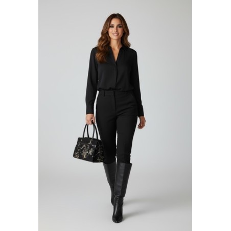 Sac à main femme noir à motif branche et oiseau brodées en doré