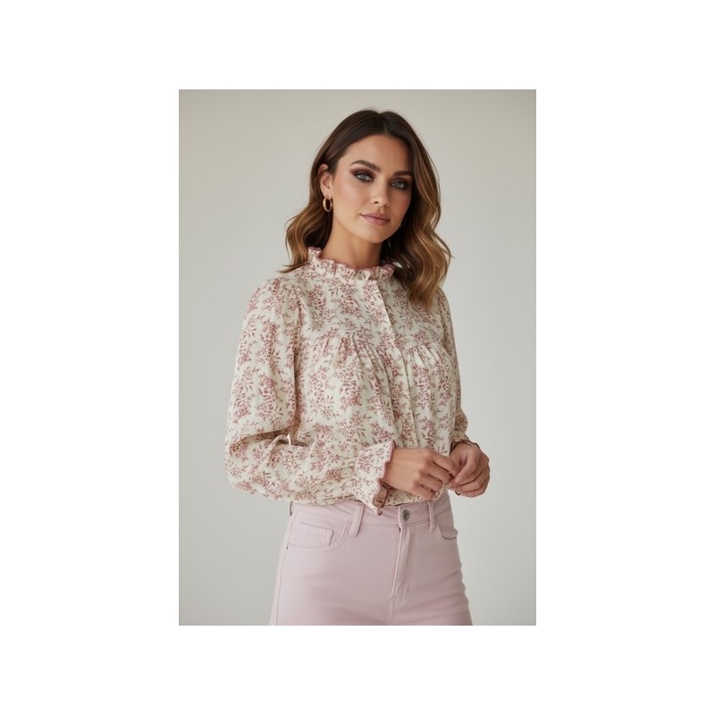 Chemisier Femme en Coton Imprimé Floral – Col Montant & Manches Longues