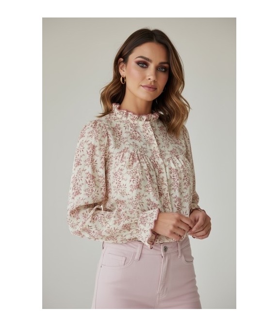 Chemisier Femme en Coton Imprimé Floral – Col Montant & Manches Longues