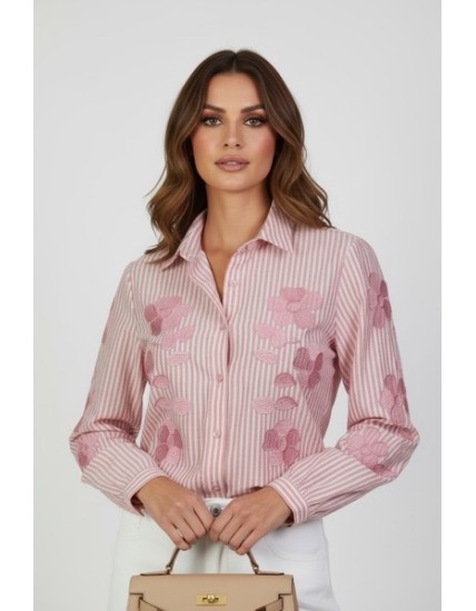 Chemisier femme rose en coton à rayures et fleurs brodées