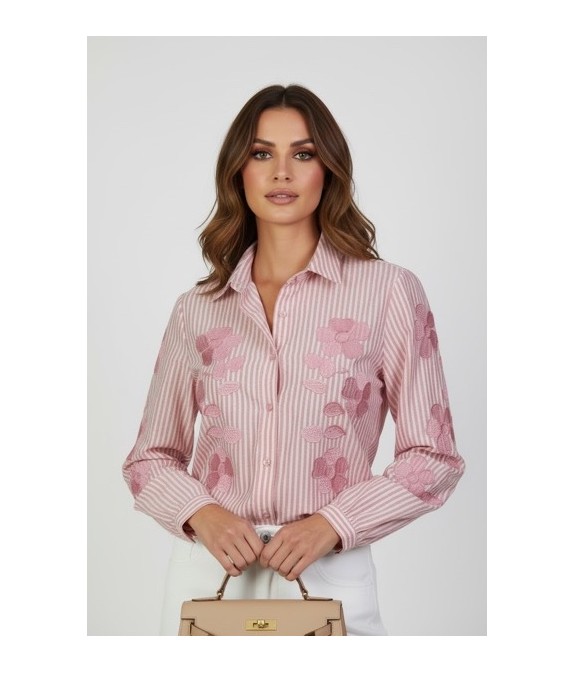 Chemisier femme rose en coton à rayures et fleurs brodées